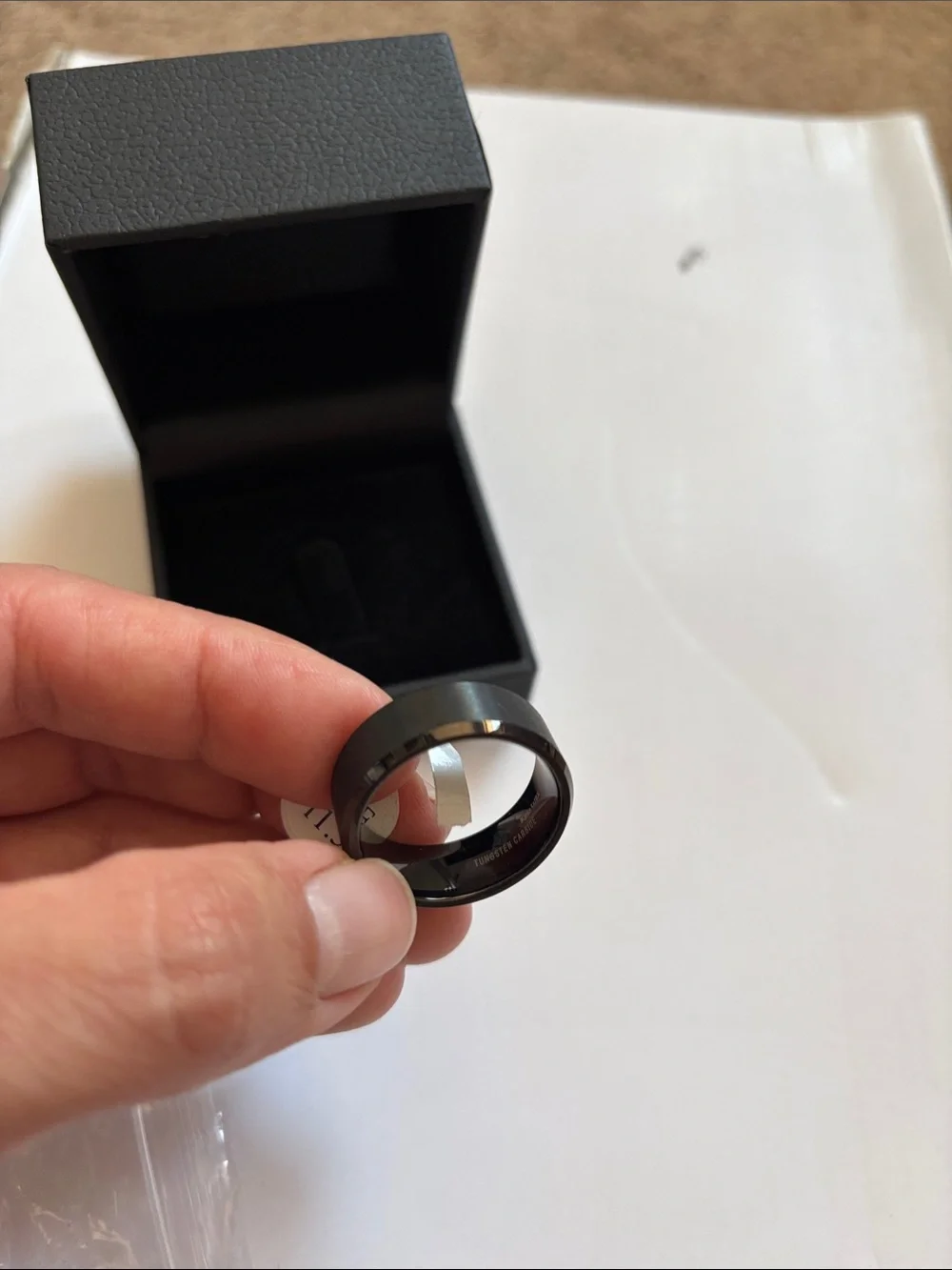 Black tungsten carbide men’s ring with box